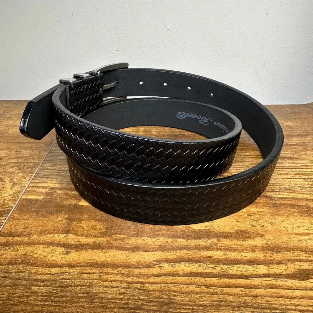 Luciano Bocelli Mens Black Woven Leather Belt Italian Calf Skin Silver Buckle 34